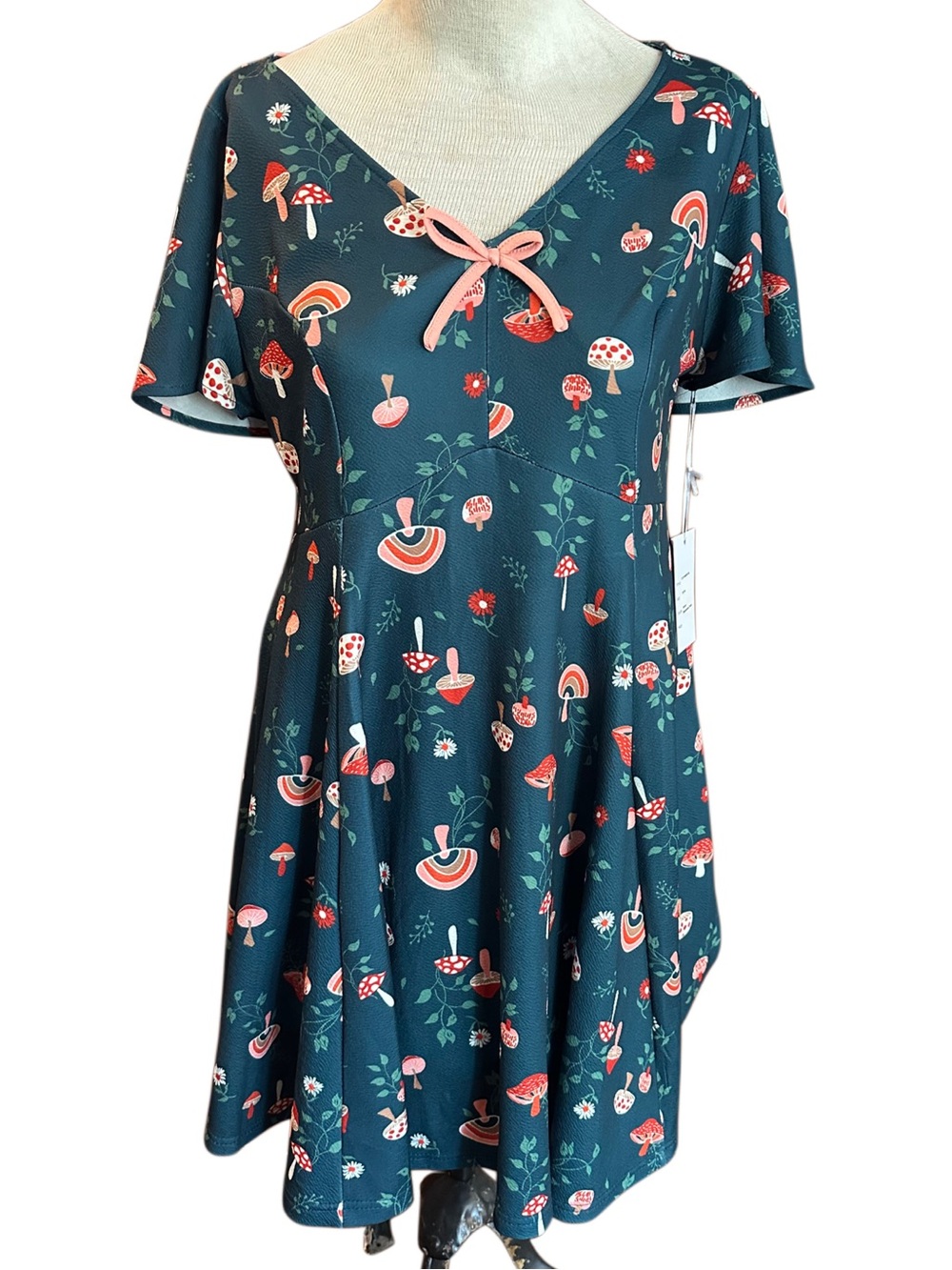 NWT Unique Vintage Teal Floral & Mushroom Dress with Pink Bow Accent 1X 16